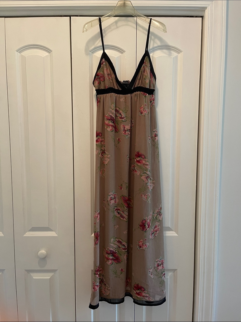 Joyce Leslie Taupe Floral Maxi Slip with Black Trim